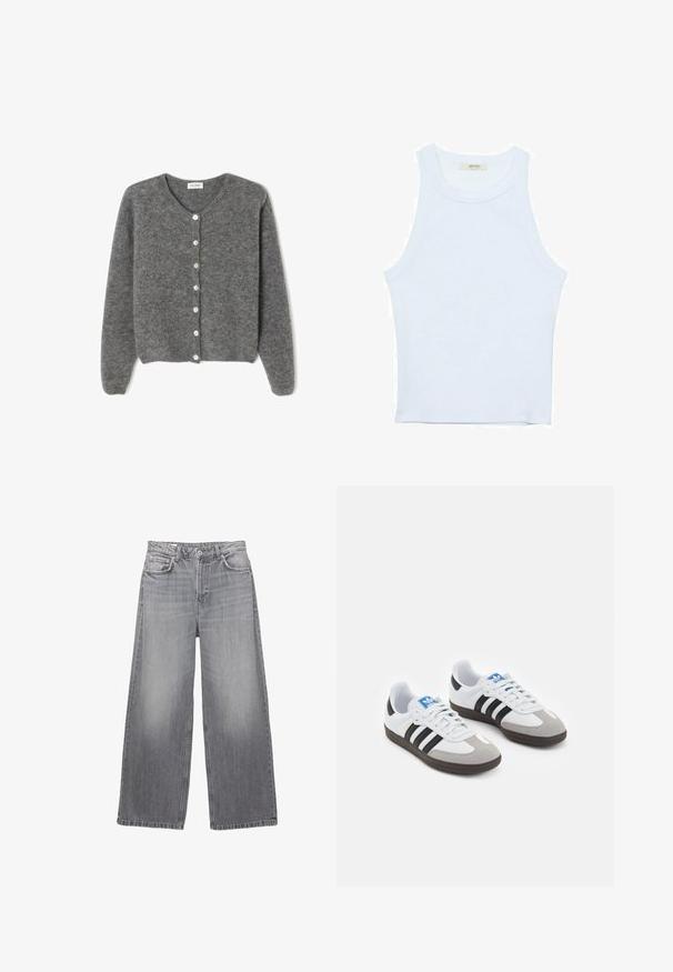 Sivkasta volnenega kardigana z okroglim izrezom, ki ima sedem sprednjih gumbov in mehak, teksturiran zaključek. Rokavi so nekoliko ohlapni.; Bela majica bez rukavov, rebrasta tekstura, okrugli izrez, kroj koji prati tijelo, suptilno brendiranje na etiketi unutar ovratnika.; Sive jeans širokih nogavica iz denima z visokim pasom, petimi žepi, posvetljenim zaključkom in kontrastnim šivanjem. Imajo gumbasto zapiranje in zanke za pas.; Športni čevlji z belim usnjenim zgornjim delom, sivim semišem na prstih in tremi črnimi črtami. Imajo modro logo na jeziku in teksturiran gumijast podplat.