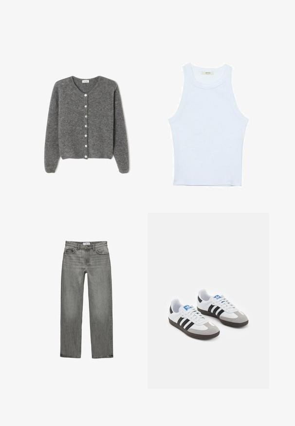 Sivi vuneni kardigan s okruglim izrezom, sa sedam prednjih dugmadi i mekim, teksturiranim završetkom. Rukavi su blago široki.; Bijela majica na bretele, rebrasta tekstura, okrugli izrez, bez rukava, uski kroj, suptilno brendiranje na etiketici unutar područja ovratnika.; Sive traperice s ravnim nogavicama, pet džepova i izblijedjelom teksturom. Imaju metalno dugme i zatvaranje na patentni zatvarač.; Sportske cipele s gornjištem od bijele kože, sivi suedinasti nos i tri crne pruge. Imaju plavi logo na jeziku i teksturiranu gumenu podlogu.