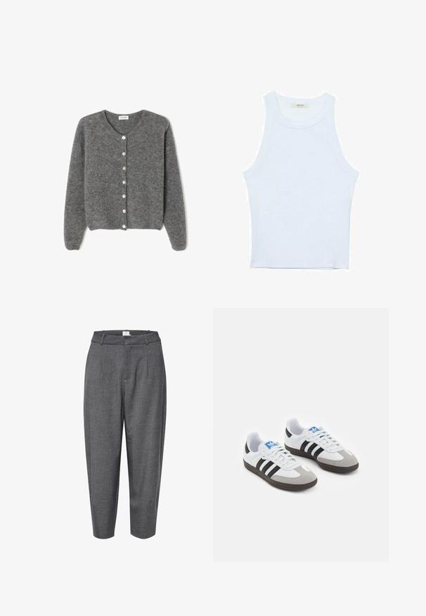 Cardigan en laine grise avec un col rond, comportant sept boutons sur le devant et une finition douce et texturée. Les manches sont légèrement amples.; Débardeur blanc, texture côtelée, encolure ronde, design sans manches, forme ajustée, marque discrète sur l'étiquette à l'intérieur du col.; Pantalons gris évasés en tissu texturé ; dotés de plis et d'une taille lisse avec une fermeture dissimulée.; Baskets avec une tige en cuir blanc, un bout en daim gris et trois bandes noires. Présente un logo bleu sur la languette et une semelle en caoutchouc texturée.