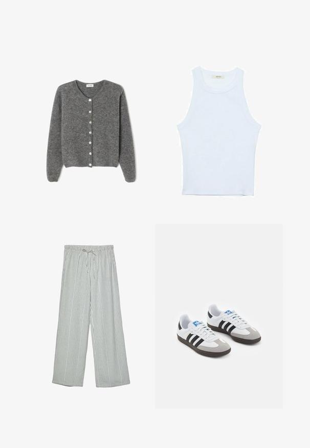 Grau gestrickte Wolle-Cardigan mit rundem Ausschnitt, ausgestattet mit sieben Vorderknöpfen und einer weichen, strukturierten Oberfläche. Die Ärmel sind leicht weit.; Weißes Tanktop, gerippte Textur, runder Ausschnitt, ärmelloses Design, enganliegende Form, dezente Markenkennzeichnung im Etikett im Kragenbereich.; Leichte, weit geschnittene Hosen im grün-weißen Streifenmuster. Mit einem elastischen Bund und einer Kordelzugverschluss.; Sportschuhe mit einem Obermaterial aus weißem Leder, grauer Wildleder-Zehenkappe und drei schwarzen Streifen. Sie verfügen über ein blaues Logo auf der Zunge und eine strukturierte Gummisohle.