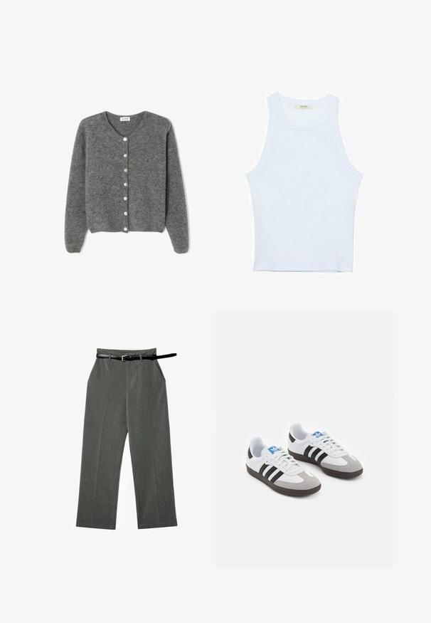 Šedý vlněný kardigan s kulatým výstřihem, který má sedm předních knoflíků a měkký, texturovaný povrch. Rukávy jsou mírně volné.; Bílý top bez rukávů, žebrovaná textura, kulatý výstřih, obtáhnutý střih, decentní značka na štítku uvnitř oblasti límce.; Šedé tkané kalhoty s rovnými nohavicemi, které mají odpovídající opasek a jemný vertikální pruhovaný vzor po celém povrchu.; Sportovní boty s bílým koženým svrškem, šedou semišovou špičkou a třemi černými pruhy. Obsahují modré logo na jazyku a texturovanou gumovou podrážku.