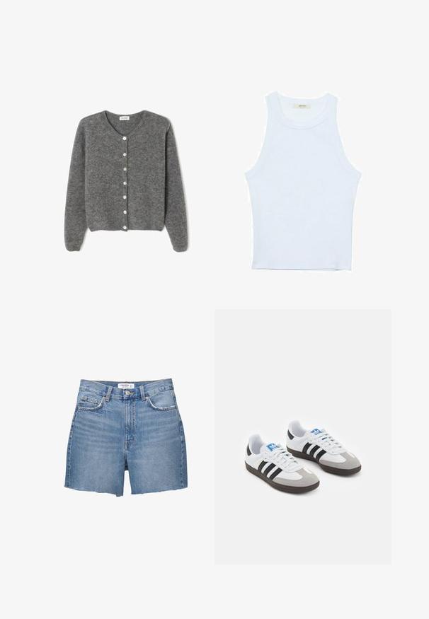 Sivý vlnený kardigán s okrúhlym výstrihom, s vydaním sedem predných gombíkov a jemným, textúrovaným povrchom. Rukávy sú mierne voľné.; Biele tielko, rebrový textúra, okrúhly výstrih, bezrukávový dizajn, priliehavý strih, diskrétne logo na štítku vo vnútri oblasti goliera.; Modré džínsové šortky s obroubením, s gombíkovým zapínaním, piatimi vreckami a vyblednutým vzhľadom, vyrobené z bavlnenej tkaniny.; Športové topánky s bielym koženým zvrškom, šedou semišovou špičkou a tromi čiernymi pruhmi. Obsahujú modré logo na jazyku a štruktúrovanú gumovú podrážku.
