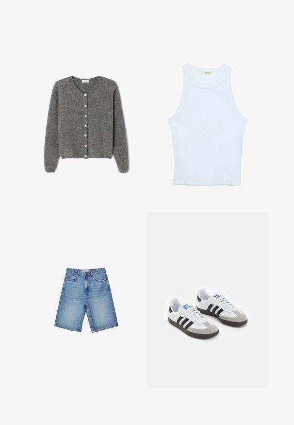 Sivý vlnený kardigán s okrúhlym výstrihom, s vydaním sedem predných gombíkov a jemným, textúrovaným povrchom. Rukávy sú mierne voľné.; Biele tielko, rebrový textúra, okrúhly výstrih, bezrukávový dizajn, priliehavý strih, diskrétne logo na štítku vo vnútri oblasti goliera.; Džínsové šortky vo svetlom modrom odtieni s klasickým päťvreckovým dizajnom, zipsom a jemným vyblednutím. Rovný strih s ohnutým lemom.; Športové topánky s bielym koženým zvrškom, šedou semišovou špičkou a tromi čiernymi pruhmi. Obsahujú modré logo na jazyku a štruktúrovanú gumovú podrážku.