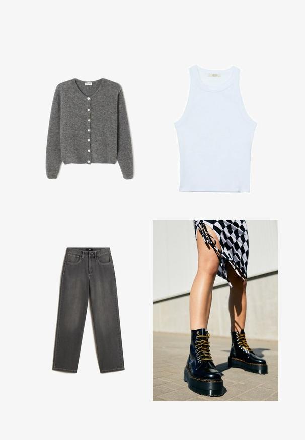 Szary wełniany kardigan z okrągłym dekoltem, z siedmioma guzikami z przodu i miękkim, teksturowanym wykończeniem. Rękawy są nieco luźne.; Biały top bez rękawów, prążkowana tekstura, okrągły dekolt, dopasowany krój, subtelne logo na metce wewnątrz obszaru kołnierza.; Szare dżinsy o szerokich nogawkach wykonane z denimu. Posiadają pięć kieszeni, zapięcie na guzik oraz zamek z przodu oraz subtelne wyblaknięcia na tkaninie.; Czarne skórzane botki na platformie z grubymi podeszwami, złotymi sznurówkami i pomarańczowymi przeszyciami, zestawione z w kratkę spódnicą z bocznym rozcięciem.