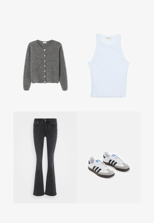 Sivi vuneni kardigan s okruglim izrezom, sa sedam prednjih dugmadi i mekim, teksturiranim završetkom. Rukavi su blago široki.; Bijela majica na bretele, rebrasta tekstura, okrugli izrez, bez rukava, uski kroj, suptilno brendiranje na etiketici unutar područja ovratnika.; Crne traperice s raskošnim flared krojem, ukrašene metalnim nitnama. Imaju pet džepova i prednje kopčanje na gumb.; Sportske cipele s gornjištem od bijele kože, sivi suedinasti nos i tri crne pruge. Imaju plavi logo na jeziku i teksturiranu gumenu podlogu.