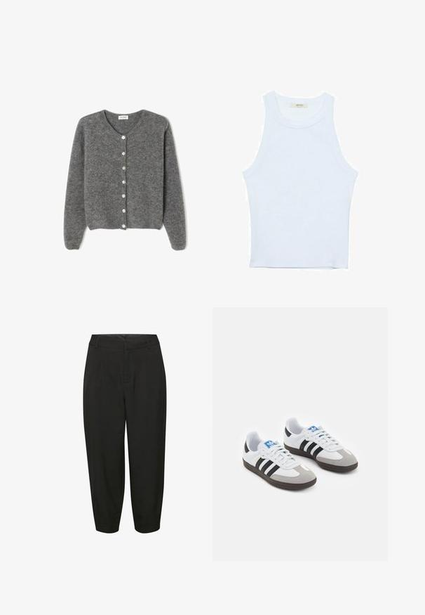 Gray wool cardigan with a round neckline, featuring seven front buttons and a soft, textured finish. Sleeves are slightly loose.; White tank top, ribbed texture, round neckline, sleeveless design, fitted shape, subtle branding on the label inside the collar area.; Black tailored trousers featuring a high waist, pleat detailing, and tapered legs, made from a smooth, lightweight fabric.; Sport shoes with a white leather upper, gray suede toe, and three black stripes. Features a blue logo on the tongue and a textured rubber sole.