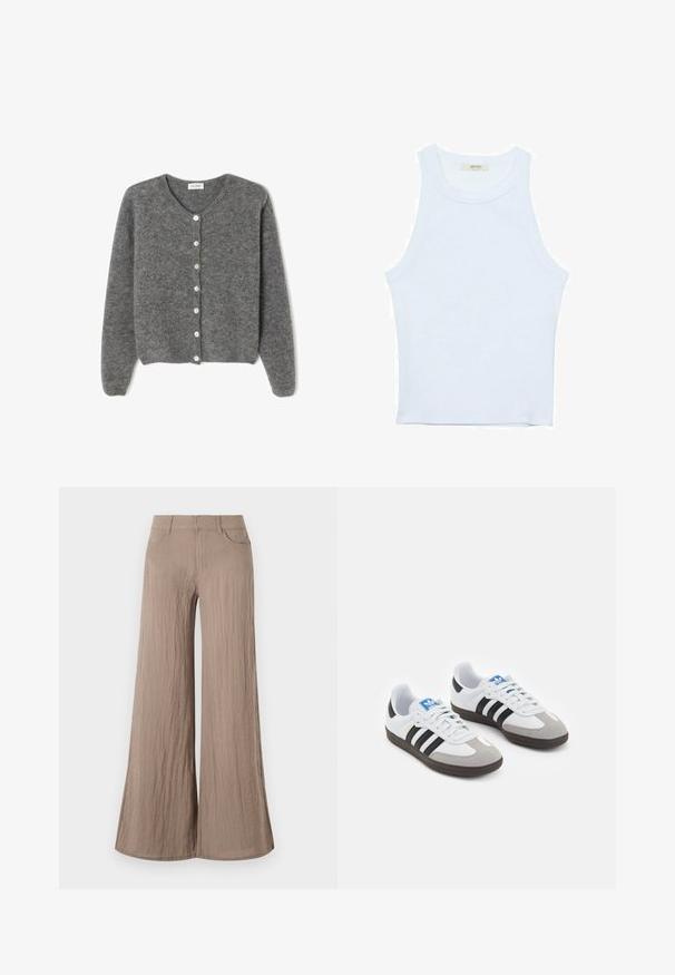 Sivý vlnený kardigán s okrúhlym výstrihom, s vydaním sedem predných gombíkov a jemným, textúrovaným povrchom. Rukávy sú mierne voľné.; Biele tielko, rebrový textúra, okrúhly výstrih, bezrukávový dizajn, priliehavý strih, diskrétne logo na štítku vo vnútri oblasti goliera.; Svetlohnedé nohavice s širokými nohavicami a textúrovaným povrchom, s vysokým pásom, prednými vreckami a voľným, splývavým strihom.; Športové topánky s bielym koženým zvrškom, šedou semišovou špičkou a tromi čiernymi pruhmi. Obsahujú modré logo na jazyku a štruktúrovanú gumovú podrážku.