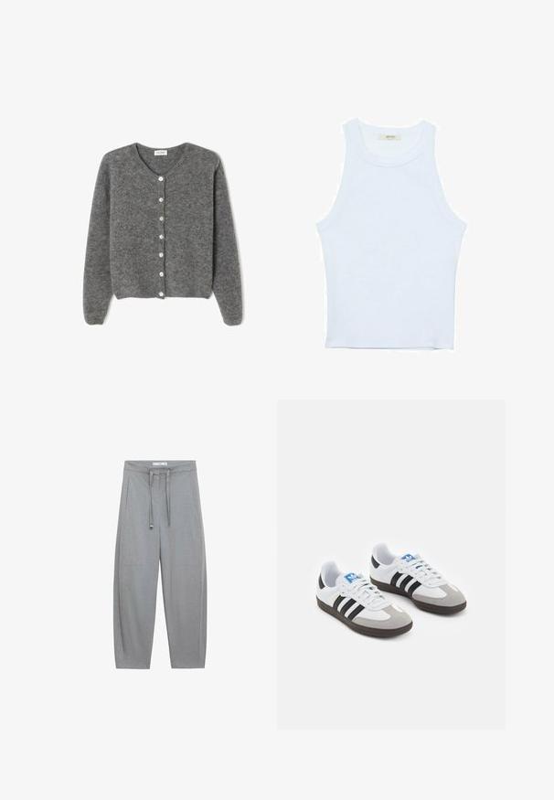 Sivi vuneni kardigan s okruglim izrezom, sa sedam prednjih dugmadi i mekim, teksturiranim završetkom. Rukavi su blago široki.; Bijela majica na bretele, rebrasta tekstura, okrugli izrez, bez rukava, uski kroj, suptilno brendiranje na etiketici unutar područja ovratnika.; Sive široke hlače od teksturirane tkanine, s pojasom na vezanje i dva prednja džepa; kroj s minimalističkim stilom.; Sportske cipele s gornjištem od bijele kože, sivi suedinasti nos i tri crne pruge. Imaju plavi logo na jeziku i teksturiranu gumenu podlogu.