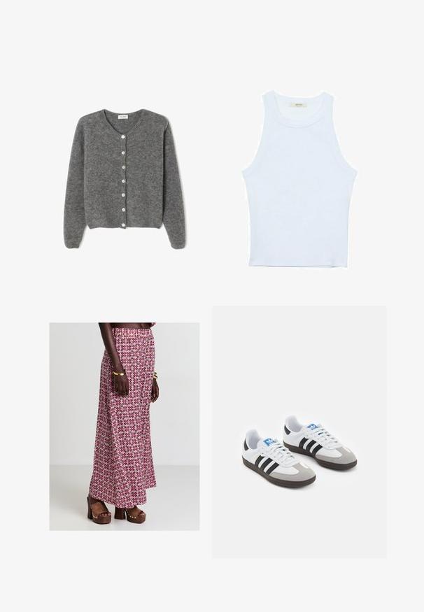 Grau gestrickte Wolle-Cardigan mit rundem Ausschnitt, ausgestattet mit sieben Vorderknöpfen und einer weichen, strukturierten Oberfläche. Die Ärmel sind leicht weit.; Weißes Tanktop, gerippte Textur, runder Ausschnitt, ärmelloses Design, enganliegende Form, dezente Markenkennzeichnung im Etikett im Kragenbereich.; Calliope Stoffhose - var rosa; Sportschuhe mit einem Obermaterial aus weißem Leder, grauer Wildleder-Zehenkappe und drei schwarzen Streifen. Sie verfügen über ein blaues Logo auf der Zunge und eine strukturierte Gummisohle.