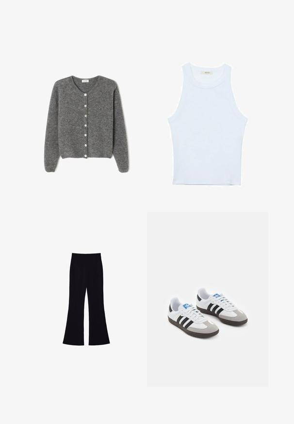 Grau gestrickte Wolle-Cardigan mit rundem Ausschnitt, ausgestattet mit sieben Vorderknöpfen und einer weichen, strukturierten Oberfläche. Die Ärmel sind leicht weit.; Weißes Tanktop, gerippte Textur, runder Ausschnitt, ärmelloses Design, enganliegende Form, dezente Markenkennzeichnung im Etikett im Kragenbereich.; Schwarze Schlaghose mit hohem Bund und ohne sichtbare Taschen oder Knöpfe, vor einem weißen Hintergrund gezeigt.; Sportschuhe mit einem Obermaterial aus weißem Leder, grauer Wildleder-Zehenkappe und drei schwarzen Streifen. Sie verfügen über ein blaues Logo auf der Zunge und eine strukturierte Gummisohle.
