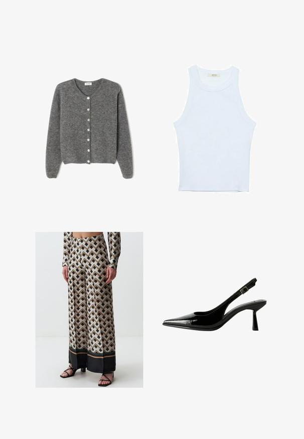 Grau gestrickte Wolle-Cardigan mit rundem Ausschnitt, ausgestattet mit sieben Vorderknöpfen und einer weichen, strukturierten Oberfläche. Die Ärmel sind leicht weit.; Weißes Tanktop, gerippte Textur, runder Ausschnitt, ärmelloses Design, enganliegende Form, dezente Markenkennzeichnung im Etikett im Kragenbereich.; Beigeweite-Hosen mit einem Zickzackmuster in Schwarz und Braun, abgerundet mit einem schwarzen Saum. Hergestellt aus glattem, leichtem Stoff.; Schwarze Lackleder Slingback-Pumps mit spitzem Zeh, ausgeschnittenen Seiten, verstellbarem Knöchelriemen und einem dünnen, eleganten Absatz.
