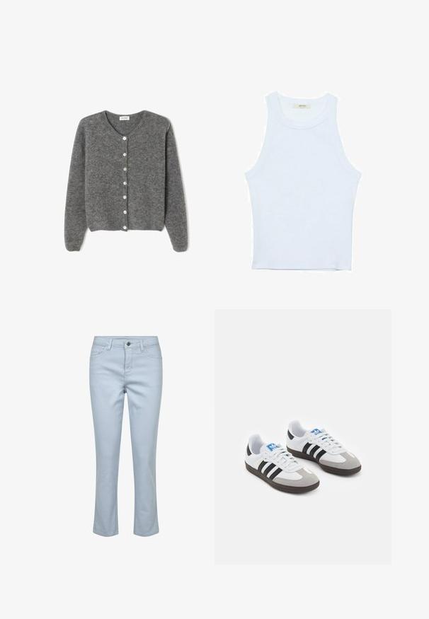 Cardigan en laine grise avec un col rond, comportant sept boutons sur le devant et une finition douce et texturée. Les manches sont légèrement amples.; Débardeur blanc, texture côtelée, encolure ronde, design sans manches, forme ajustée, marque discrète sur l'étiquette à l'intérieur du col.; Pantalon en denim bleu clair avec un design classique à cinq poches, coupe droite et une fermeture éclair avec un bouton.; Baskets avec une tige en cuir blanc, un bout en daim gris et trois bandes noires. Présente un logo bleu sur la languette et une semelle en caoutchouc texturée.