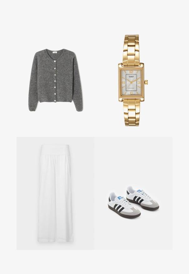 Sivi vuneni kardigan s okruglim izrezom, sa sedam prednjih dugmadi i mekim, teksturiranim završetkom. Rukavi su blago široki.; Bijela majica na bretele, rebrasta tekstura, okrugli izrez, bez rukava, uski kroj, suptilno brendiranje na etiketici unutar područja ovratnika.; Bijele široke hlače s visokim, elastičnim pojasom. Napravljene od laganog, teksturiranog materijala. Bez vidljivih uzoraka ili ukrasa.; Sportske cipele s gornjištem od bijele kože, sivi suedinasti nos i tri crne pruge. Imaju plavi logo na jeziku i teksturiranu gumenu podlogu.; Zlatni pravokutni ručni sat s bijelim brojčanikom, srebrnim oznakama sati i dugotrajnom metalnom narukvicom. Uključena značajka vodootpornosti.