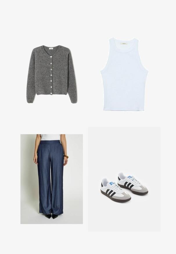 Šedý vlněný kardigan s kulatým výstřihem, který má sedm předních knoflíků a měkký, texturovaný povrch. Rukávy jsou mírně volné.; Bílý top bez rukávů, žebrovaná textura, kulatý výstřih, obtáhnutý střih, decentní značka na štítku uvnitř oblasti límce.; Široké nohavice v námornické modři vyrobené z lehké tkaniny, s hladkým povrchem a elastickým pasem, doplněné černými špičatými botami.; Sportovní boty s bílým koženým svrškem, šedou semišovou špičkou a třemi černými pruhy. Obsahují modré logo na jazyku a texturovanou gumovou podrážku.