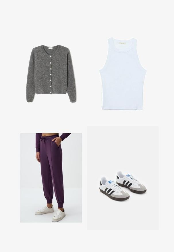 Gray wool cardigan with a round neckline, featuring seven front buttons and a soft, textured finish. Sleeves are slightly loose.; White tank top, ribbed texture, round neckline, sleeveless design, fitted shape, subtle branding on the label inside the collar area.; Purple sweatpants with elastic waistband and cuffs, featuring two side pockets and a smooth texture. Paired with white sneakers.; Sport shoes with a white leather upper, gray suede toe, and three black stripes. Features a blue logo on the tongue and a textured rubber sole.