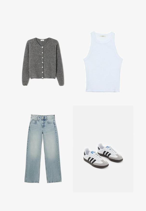 Gray wool cardigan with a round neckline, featuring seven front buttons and a soft, textured finish. Sleeves are slightly loose.; White tank top, ribbed texture, round neckline, sleeveless design, fitted shape, subtle branding on the label inside the collar area.; Light blue denim wide-leg jeans with a high waist, featuring five pockets, a button closure, and subtle fading for a worn effect.; Sport shoes with a white leather upper, gray suede toe, and three black stripes. Features a blue logo on the tongue and a textured rubber sole.