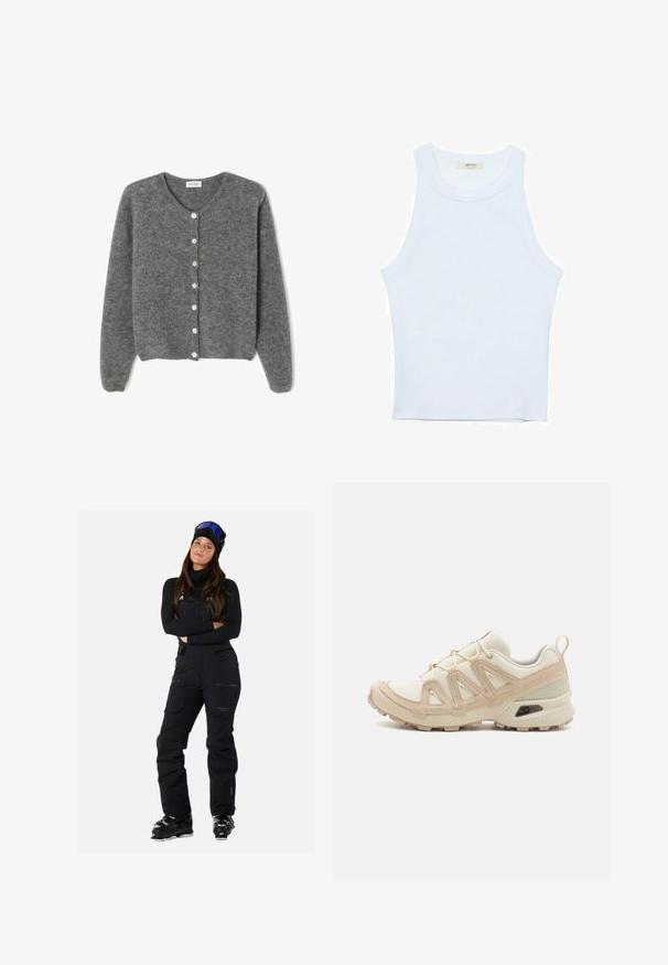 Grå uld cardigan med rund hals, prydet med syv knapper foran og en blød, tekstureret overflade. Ærmerne er en smule løse.; Hvid tanktop, ribbet tekstur, rund halsudskæring, ærmeløs design, tætsiddende form, diskret branding på mærket inden i kraveområdet.; Sorte skijakker med justerbare stropper, flere lommer og et slankt, vandafvisende design. Har en tætsiddende pasform og holdbart stof.; Beige og creme atletiksko med struktureret mesh-overdel, støttende overlays og gummiyderside med et mønster for trækkraft.