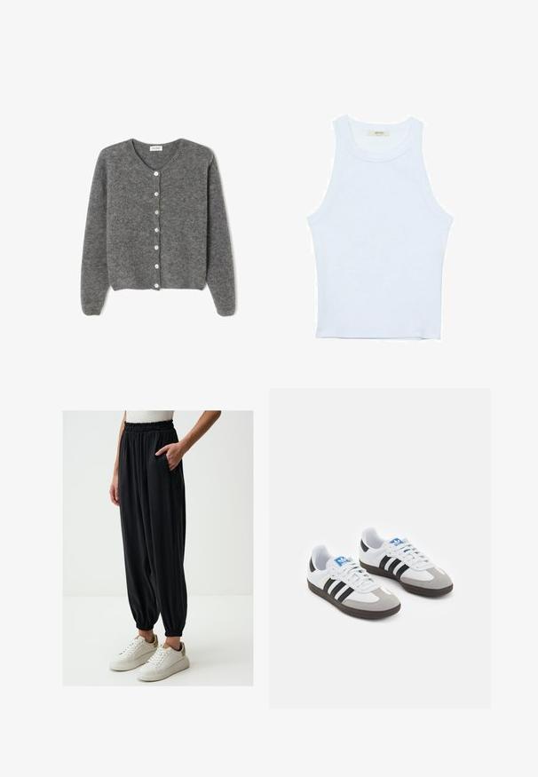 Gray wool cardigan with a round neckline, featuring seven front buttons and a soft, textured finish. Sleeves are slightly loose.; White tank top, ribbed texture, round neckline, sleeveless design, fitted shape, subtle branding on the label inside the collar area.; Black, loose-fitting trousers with an elastic waistband and side pockets, tapering at the ankle, paired with white sneakers.; Sport shoes with a white leather upper, gray suede toe, and three black stripes. Features a blue logo on the tongue and a textured rubber sole.