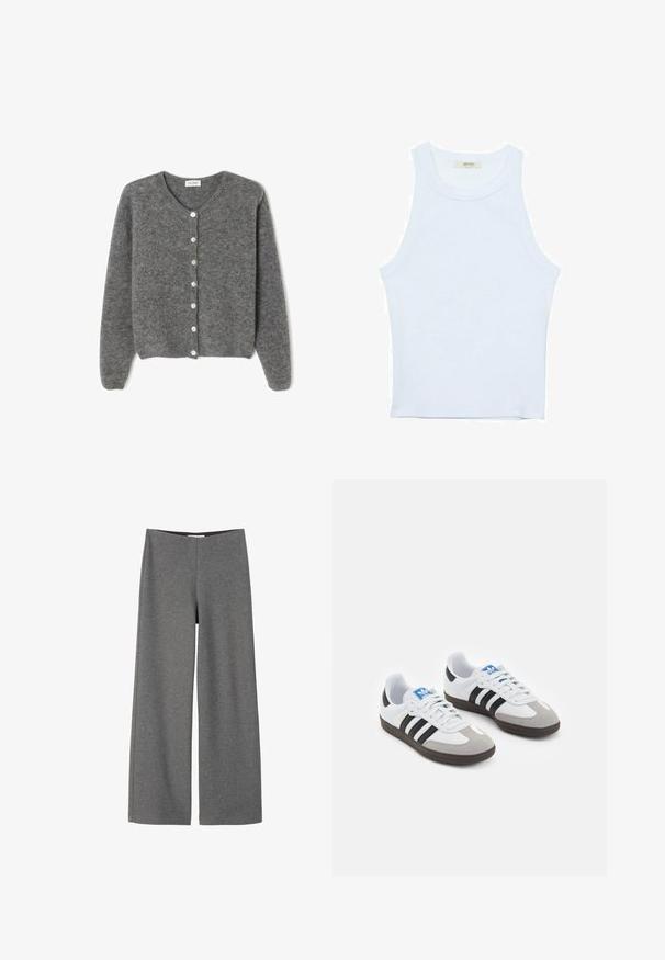 Cardigan grigio in lana con scollo rotondo, caratterizzato da sette bottoni frontali e una finitura morbida e testurizzata. Le maniche sono leggermente ampie.; Canotta bianca, texture a coste, scollatura rotonda, design senza maniche, forma aderente, branding sottile sull'etichetta all'interno dell'area del colletto.; Pantaloni larghi grigi con vita elastica, realizzati in tessuto morbido e elasticizzato, adatti per un look casual.; Scarpe sportive con tomaia in pelle bianca, punta in suede grigia e tre strisce nere. Presentano un logo blu sulla linguetta e una suola in gomma testurizzata.