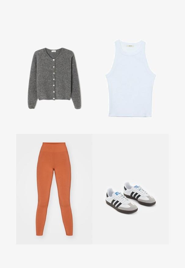 Sivkasta volnenega kardigana z okroglim izrezom, ki ima sedem sprednjih gumbov in mehak, teksturiran zaključek. Rokavi so nekoliko ohlapni.; Bela majica bez rukavov, rebrasta tekstura, okrugli izrez, kroj koji prati tijelo, suptilno brendiranje na etiketi unutar ovratnika.; Oranžne visoke legice iz mehkega, raztegljivega materiala. Gladka tekstura s telesom prilagojeno silhueto, brezšivna konstrukcija in dolžina do gležnjev.; Športni čevlji z belim usnjenim zgornjim delom, sivim semišem na prstih in tremi črnimi črtami. Imajo modro logo na jeziku in teksturiran gumijast podplat.