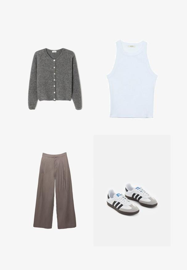 Cardigan grigio in lana con scollo rotondo, caratterizzato da sette bottoni frontali e una finitura morbida e testurizzata. Le maniche sono leggermente ampie.; Canotta bianca, texture a coste, scollatura rotonda, design senza maniche, forma aderente, branding sottile sull'etichetta all'interno dell'area del colletto.; Pantaloni in lino taupe a gamba larga con vita alta e pinces frontali, progettati per una vestibilità ampia e rilassata.; Scarpe sportive con tomaia in pelle bianca, punta in suede grigia e tre strisce nere. Presentano un logo blu sulla linguetta e una suola in gomma testurizzata.