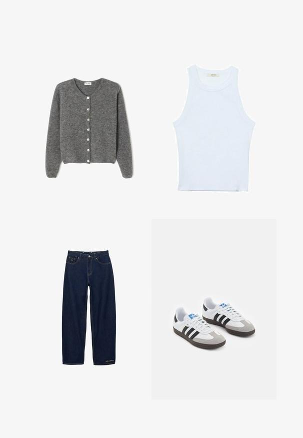 Šedý vlněný kardigan s kulatým výstřihem, který má sedm předních knoflíků a měkký, texturovaný povrch. Rukávy jsou mírně volné.; Bílý top bez rukávů, žebrovaná textura, kulatý výstřih, obtáhnutý střih, decentní značka na štítku uvnitř oblasti límce.; Tmavě modré džíny z denimu s volným střihem, žlutým prošíváním, srdíčkem na přední kapse a textovým logem blízko lemu.; Sportovní boty s bílým koženým svrškem, šedou semišovou špičkou a třemi černými pruhy. Obsahují modré logo na jazyku a texturovanou gumovou podrážku.