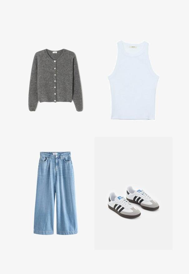 Sivkasta volnenega kardigana z okroglim izrezom, ki ima sedem sprednjih gumbov in mehak, teksturiran zaključek. Rokavi so nekoliko ohlapni.; Bela majica bez rukavov, rebrasta tekstura, okrugli izrez, kroj koji prati tijelo, suptilno brendiranje na etiketi unutar ovratnika.; Svetlo modri traper palazzo kavbojki s širokimi nogami, ki imajo visok pas, sprednje žepe in gumbasto zapiranje. Z rahlo zbledelim vzorcem.; Športni čevlji z belim usnjenim zgornjim delom, sivim semišem na prstih in tremi črnimi črtami. Imajo modro logo na jeziku in teksturiran gumijast podplat.