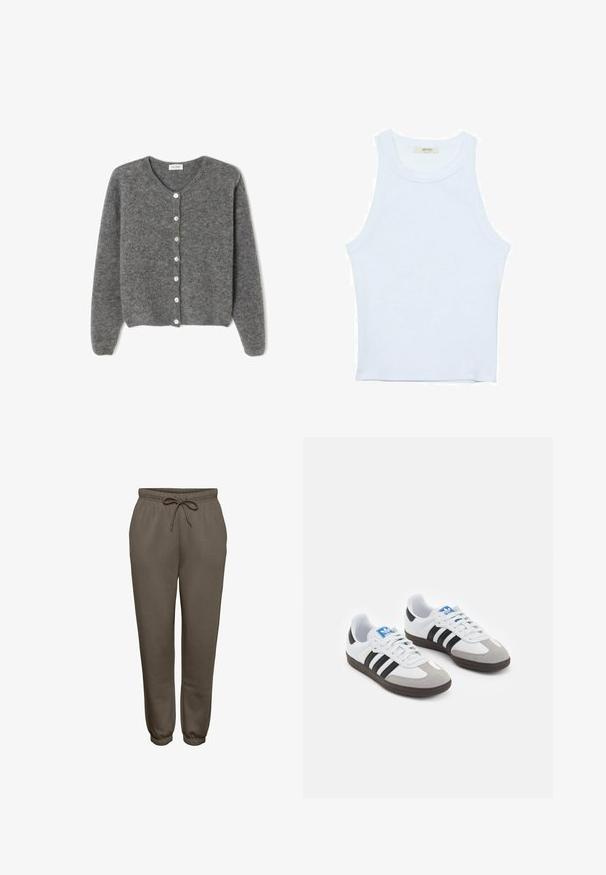 Grau gestrickte Wolle-Cardigan mit rundem Ausschnitt, ausgestattet mit sieben Vorderknöpfen und einer weichen, strukturierten Oberfläche. Die Ärmel sind leicht weit.; Weißes Tanktop, gerippte Textur, runder Ausschnitt, ärmelloses Design, enganliegende Form, dezente Markenkennzeichnung im Etikett im Kragenbereich.; Braune Jogginghose aus weichem Stoff, mit einem elastischen Bund und Kordelzug sowie enganliegenden Bündchen an den Knöcheln.; Sportschuhe mit einem Obermaterial aus weißem Leder, grauer Wildleder-Zehenkappe und drei schwarzen Streifen. Sie verfügen über ein blaues Logo auf der Zunge und eine strukturierte Gummisohle.