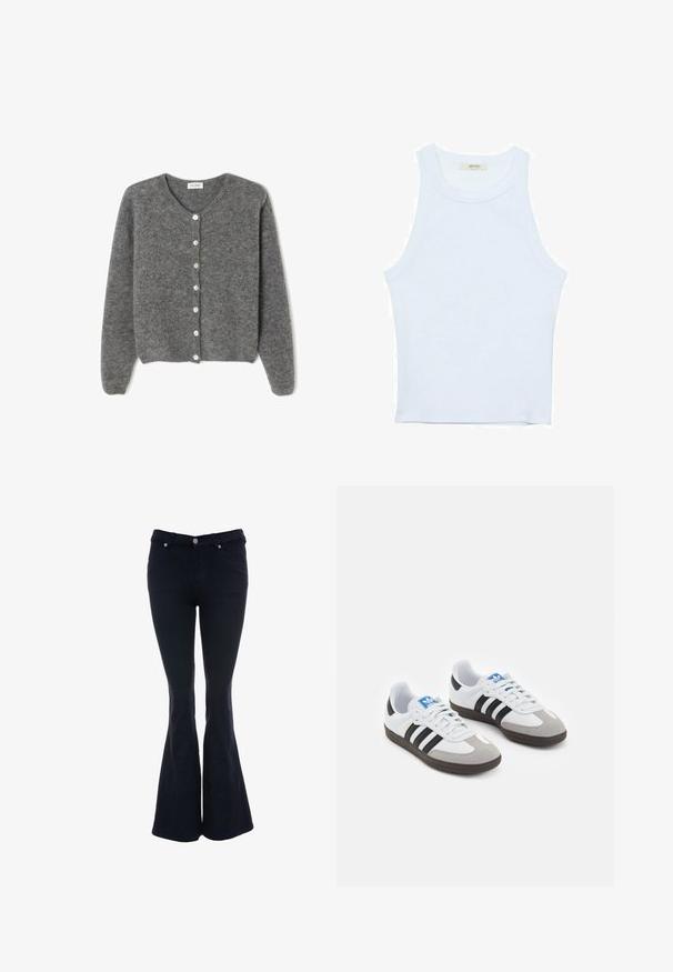 Šedý vlněný kardigan s kulatým výstřihem, který má sedm předních knoflíků a měkký, texturovaný povrch. Rukávy jsou mírně volné.; Bílý top bez rukávů, žebrovaná textura, kulatý výstřih, obtáhnutý střih, decentní značka na štítku uvnitř oblasti límce.; Rozšířené tmavě modré džíny vyrobené z denimu, s vysokým pasem, pěti kapsami a knoflíkovým zapínáním se stříbrnými nýty.; Sportovní boty s bílým koženým svrškem, šedou semišovou špičkou a třemi černými pruhy. Obsahují modré logo na jazyku a texturovanou gumovou podrážku.
