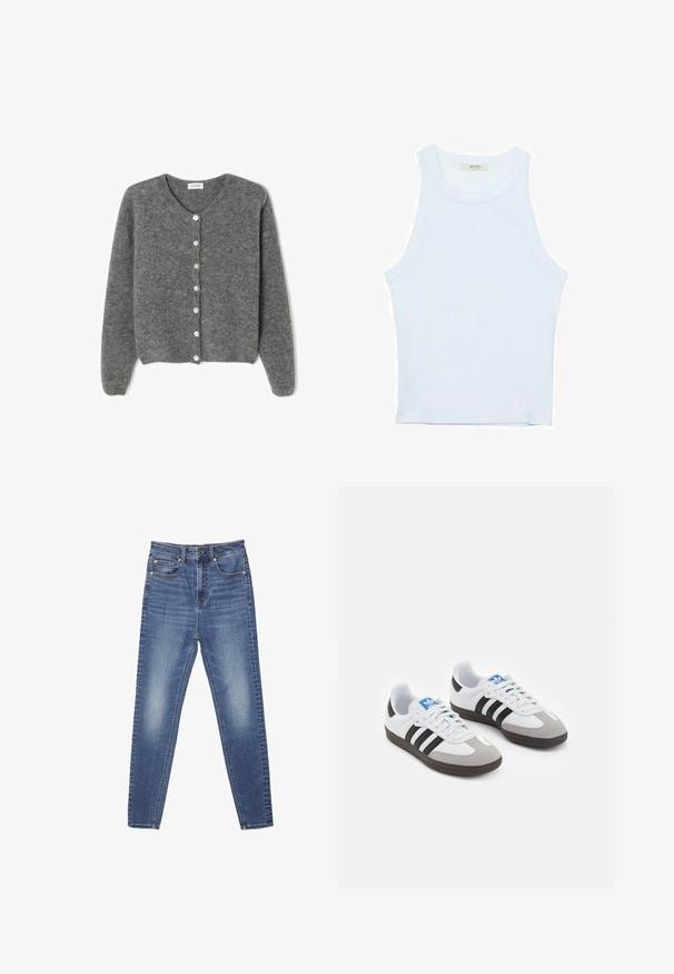 Sivi vuneni kardigan s okruglim izrezom, sa sedam prednjih dugmadi i mekim, teksturiranim završetkom. Rukavi su blago široki.; Bijela majica na bretele, rebrasta tekstura, okrugli izrez, bez rukava, uski kroj, suptilno brendiranje na etiketici unutar područja ovratnika.; Plave traperice s ravnim nogavicama, pet džepova i vidljivim šavovima. Tkanina ima izblijedjeli izgled s glatkom površinom.; Sportske cipele s gornjištem od bijele kože, sivi suedinasti nos i tri crne pruge. Imaju plavi logo na jeziku i teksturiranu gumenu podlogu.