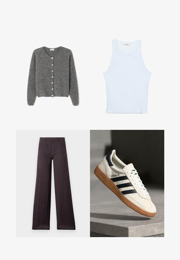 Sivkasta volnenega kardigana z okroglim izrezom, ki ima sedem sprednjih gumbov in mehak, teksturiran zaključek. Rokavi so nekoliko ohlapni.; Bela majica bez rukavov, rebrasta tekstura, okrugli izrez, kroj koji prati tijelo, suptilno brendiranje na etiketi unutar ovratnika.; Temno sivi široki hlače iz lahkega, teksturiranega materiala z gladkim zaključkom, z sprednjimi žepi in klasičnim pasom.; Bela nubuk superga s športnimi trakovi v temno modri barvi, gumijastim podplatom, strukturirano zgornjo plastjo, okroglim nosom in vezalkami; vsebuje blagovno znamko na strani in jeziku.