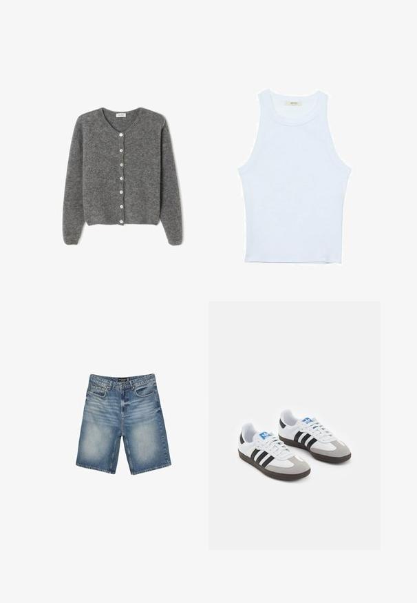 Cardigan grigio in lana con scollo rotondo, caratterizzato da sette bottoni frontali e una finitura morbida e testurizzata. Le maniche sono leggermente ampie.; Canotta bianca, texture a coste, scollatura rotonda, design senza maniche, forma aderente, branding sottile sull'etichetta all'interno dell'area del colletto.; Shorts in denim blu chiaro, dotati di una vita con passanti per cintura, cinque tasche e una finitura leggermente sbiadita per un aspetto consumato.; Scarpe sportive con tomaia in pelle bianca, punta in suede grigia e tre strisce nere. Presentano un logo blu sulla linguetta e una suola in gomma testurizzata.