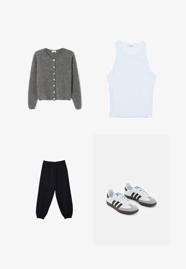 Grå uld cardigan med rund hals, prydet med syv knapper foran og en blød, tekstureret overflade. Ærmerne er en smule løse.; Hvid tanktop, ribbet tekstur, rund halsudskæring, ærmeløs design, tætsiddende form, diskret branding på mærket inden i kraveområdet.; Sorte joggingbukser med elastisk talje, afsluttede ankler og sidelommer. Blødt stof med en glat tekstur og løs pasform.; Sportsko med en overdel i hvid læder, grå ruskind på tåen og tre sorte striber. Har et blåt logo på tungen og en struktureret gummisål.