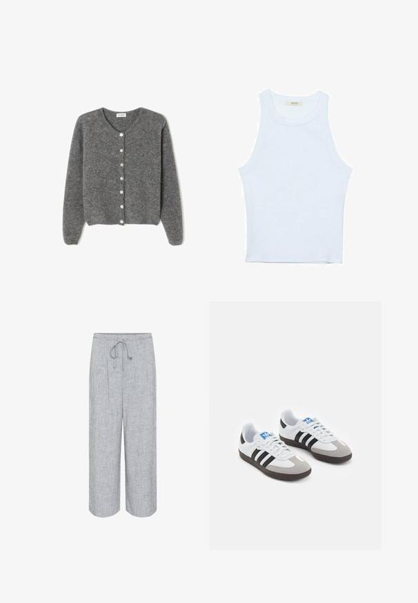 Sivý vlnený kardigán s okrúhlym výstrihom, s vydaním sedem predných gombíkov a jemným, textúrovaným povrchom. Rukávy sú mierne voľné.; Biele tielko, rebrový textúra, okrúhly výstrih, bezrukávový dizajn, priliehavý strih, diskrétne logo na štítku vo vnútri oblasti goliera.; Svetlošedé široké nohavice z texturovanej tkaniny s elastickým pásom a jemným vzorom, s pukmi pre zvýraznenie detailu.; Športové topánky s bielym koženým zvrškom, šedou semišovou špičkou a tromi čiernymi pruhmi. Obsahujú modré logo na jazyku a štruktúrovanú gumovú podrážku.