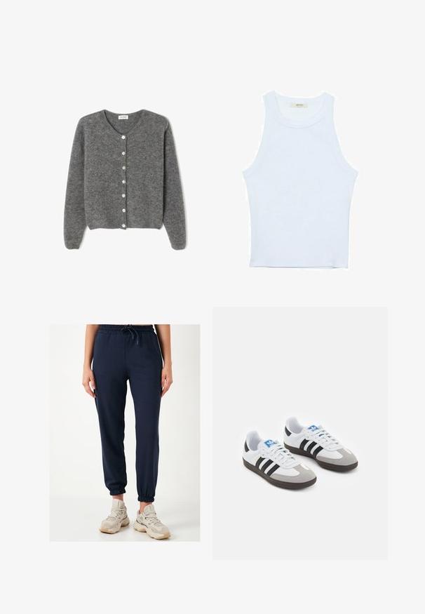Sivý vlnený kardigán s okrúhlym výstrihom, s vydaním sedem predných gombíkov a jemným, textúrovaným povrchom. Rukávy sú mierne voľné.; Biele tielko, rebrový textúra, okrúhly výstrih, bezrukávový dizajn, priliehavý strih, diskrétne logo na štítku vo vnútri oblasti goliera.; Námorné jogger nohavice s elastickým pásom a šnúrkou. Rukávy sú zúžené, vyrobené z hladkej a mäkkej tkaniny. V kombinácii s béžovými teniskami.; Športové topánky s bielym koženým zvrškom, šedou semišovou špičkou a tromi čiernymi pruhmi. Obsahujú modré logo na jazyku a štruktúrovanú gumovú podrážku.