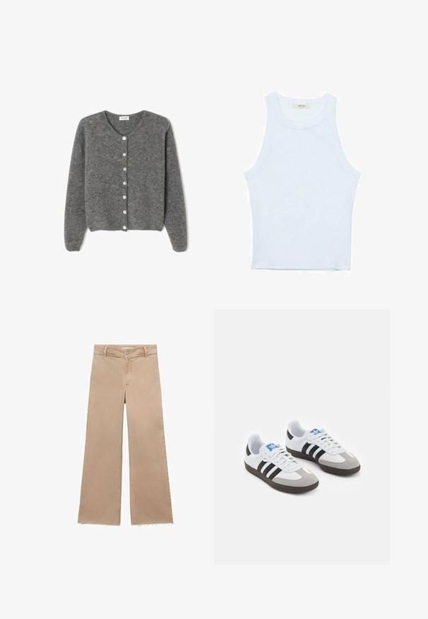 Šedý vlněný kardigan s kulatým výstřihem, který má sedm předních knoflíků a měkký, texturovaný povrch. Rukávy jsou mírně volné.; Bílý top bez rukávů, žebrovaná textura, kulatý výstřih, obtáhnutý střih, decentní značka na štítku uvnitř oblasti límce.; Beige široké džíny s třepeným lemem, vyrobené z bavlny. Mají zapínání na knoflík a poutka na pásek, nabízejí volný střih a ležérní styl.; Sportovní boty s bílým koženým svrškem, šedou semišovou špičkou a třemi černými pruhy. Obsahují modré logo na jazyku a texturovanou gumovou podrážku.