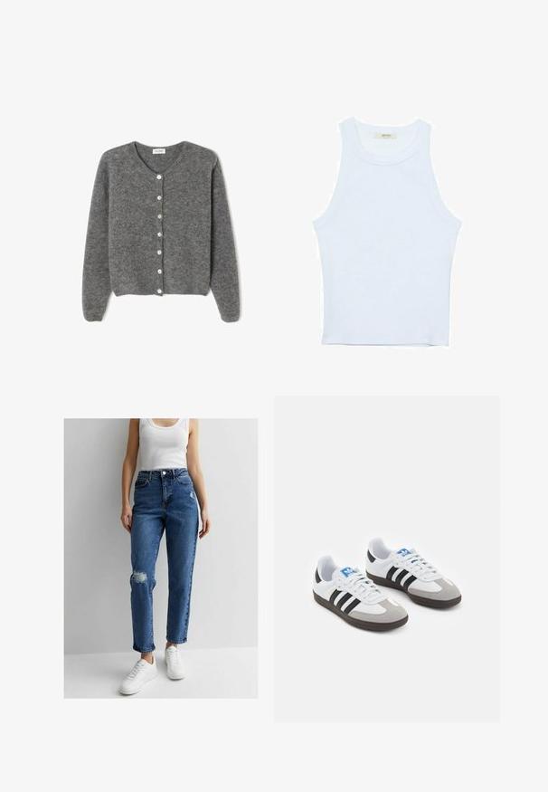 Grijze wollen cardigan met een ronde halslijn, voorzien van zeven knopen aan de voorkant en een zachte, gestructureerde afwerking. De mouwen zijn iets los.; Witte tanktop, geribbelde textuur, ronde halslijn, mouwloos ontwerp, aansluitende vorm, subtiele branding op het label binnenin de kraag.; Blauwe high-waisted denim jeans met een ontspannen pasvorm, met versleten gebieden op de knieën en afgewerkt met een klassieke vijf-vaks ontwerp.; Sportschoenen met een witte leren bovenkant, grijze suède neus en drie zwarte strepen. Bevat een blauw logo op de tong en een gestructureerde rubberen zool.