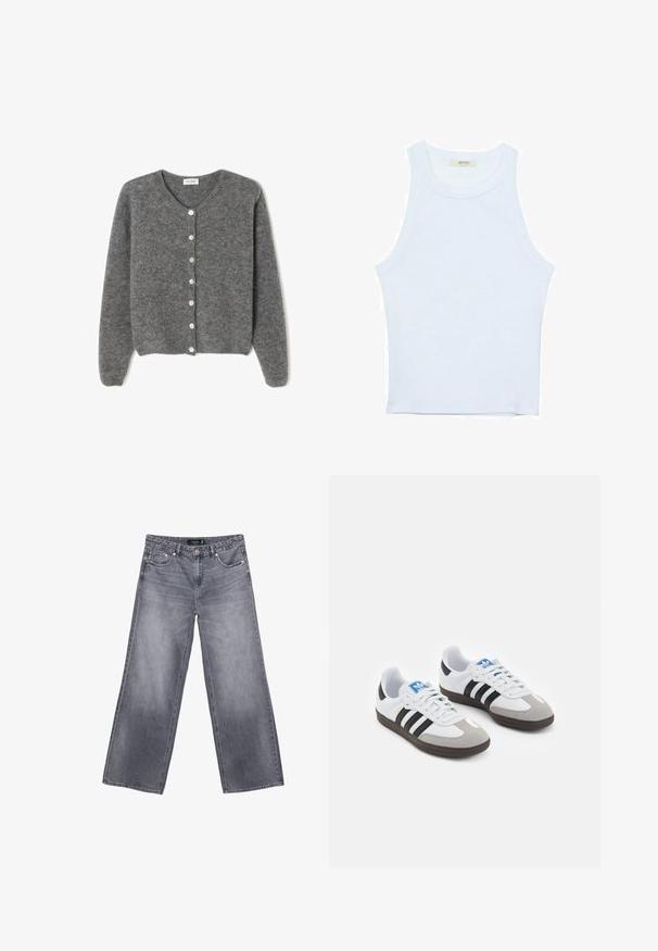 Grå ullcardigan med rund halsringning, som har sju framknappar och en mjuk, strukturerad yta. Ärmarna är något lösa.; Vit linne med ribbat mönster, rund halsringning, ärmlös design, figurnära passform, diskret logotyp på etiketten inuti halsringningen.; Grå denimjeans med vida ben och en urtvättad finish, knappstängning och femficksdesign. Har dubbelsydda sömmar och detaljer i silverfärg.; Sportskor med överdel i vit läder, grå mocka på tårna och tre svarta ränder. Har en blå logotyp på tungan och en texturerad gummisula.