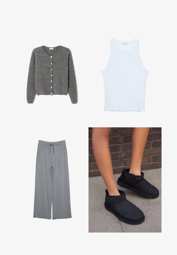 Grijze wollen cardigan met een ronde halslijn, voorzien van zeven knopen aan de voorkant en een zachte, gestructureerde afwerking. De mouwen zijn iets los.; Witte tanktop, geribbelde textuur, ronde halslijn, mouwloos ontwerp, aansluitende vorm, subtiele branding op het label binnenin de kraag.; Grijze wijde broek gemaakt van zachte stof, met een elastische tailleband met trekkoord en zijzakken. Vriendelijke textuur, zonder patronen.; Zwarte enkellaarsjes van suede met een zachte binnenvoering. Heeft een ronde neus en een platte, gestructureerde zool.