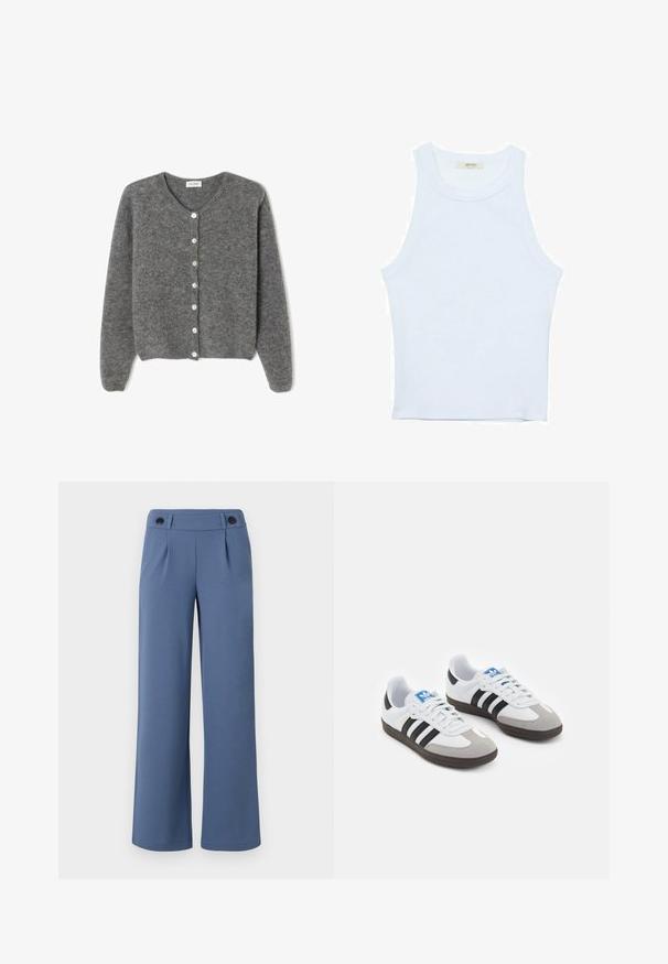 Szary wełniany kardigan z okrągłym dekoltem, z siedmioma guzikami z przodu i miękkim, teksturowanym wykończeniem. Rękawy są nieco luźne.; Biały top bez rękawów, prążkowana tekstura, okrągły dekolt, dopasowany krój, subtelne logo na metce wewnątrz obszaru kołnierza.; Niebieskie spodnie z szerokimi nogawkami wykonane z gładkiego materiału, posiadające płaski przód, dwa zakładki i dwa czarne guziki w talii.; Buty sportowe z białą skórzaną cholewką, szarym zamszowym noskiem i trzema czarnymi paskami. Posiadają niebieskie logo na języku oraz teksturowaną gumową podeszwę.