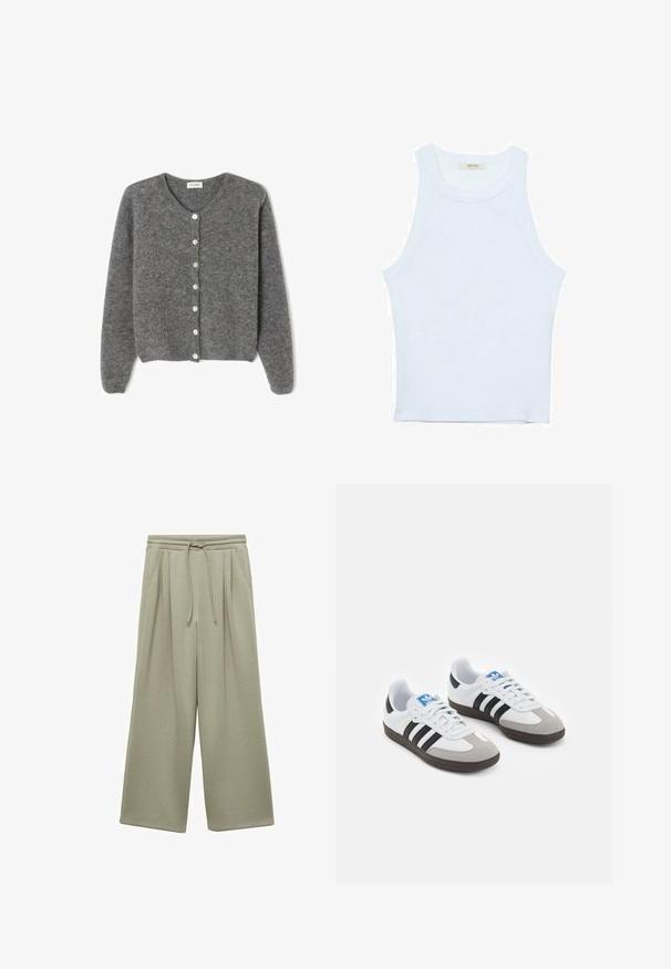 Grau gestrickte Wolle-Cardigan mit rundem Ausschnitt, ausgestattet mit sieben Vorderknöpfen und einer weichen, strukturierten Oberfläche. Die Ärmel sind leicht weit.; Weißes Tanktop, gerippte Textur, runder Ausschnitt, ärmelloses Design, enganliegende Form, dezente Markenkennzeichnung im Etikett im Kragenbereich.; Helle grüne, weit geschnittene Sweatpants aus weichem Stoff. Mit einem Kordelzugbund, Falten und einer lässigen Passform. Keine sichtbaren Taschen.; Sportschuhe mit einem Obermaterial aus weißem Leder, grauer Wildleder-Zehenkappe und drei schwarzen Streifen. Sie verfügen über ein blaues Logo auf der Zunge und eine strukturierte Gummisohle.