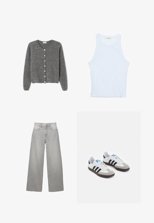 Harmaa villaneule, jossa on pyöreä kaula-aukko, seitsemällä etunapilla ja pehmeällä, teksturoidulla pinnalla. Hihat ovat hieman löysät.; Valkoinen hihaton toppi, ribbed rakenne, pyöreä pääntie, hihaton malli, tiukka muoto, hillitty brändäys kauluksella sisäpuolella.; Harmaat denim farkut leveillä lahkeilla ja korkealla vyötäröllä, joissa on viisi taskua, vetoketjukiinnitys ja näkyvät ompeleet. Pehmeä pinta, jossa on haalistunut viimeistely.; Urheilukengät, joissa on valkoinen nahkainen päällinen, harmaa mokkanokka ja kolme mustaa raitaa. Ominaisuuksina sininen logo kielekkeessä ja kuvioitu kumipohja.