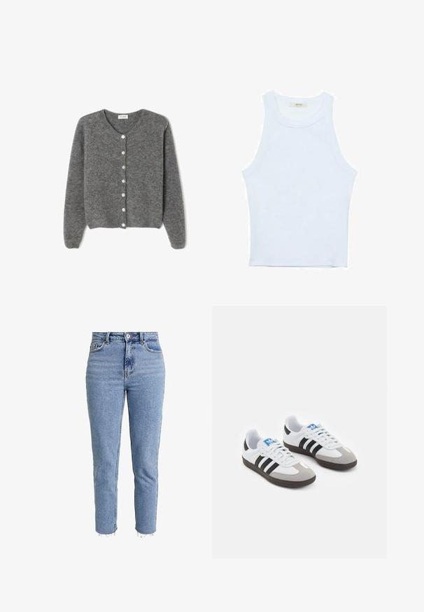 Sivkasta volnenega kardigana z okroglim izrezom, ki ima sedem sprednjih gumbov in mehak, teksturiran zaključek. Rokavi so nekoliko ohlapni.; Bela majica bez rukavov, rebrasta tekstura, okrugli izrez, kroj koji prati tijelo, suptilno brendiranje na etiketi unutar ovratnika.; Svijetloplave traperice visokog struka, s ravnim nogavicama, raskošnim rubom i minimalističkim dizajnom bez ukrasa.; Športni čevlji z belim usnjenim zgornjim delom, sivim semišem na prstih in tremi črnimi črtami. Imajo modro logo na jeziku in teksturiran gumijast podplat.
