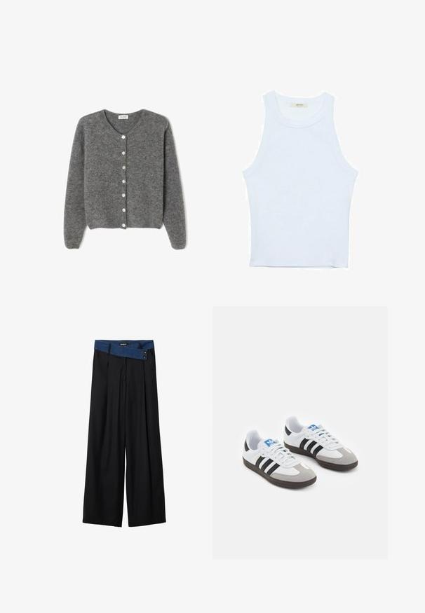Sivi vuneni kardigan s okruglim izrezom, sa sedam prednjih dugmadi i mekim, teksturiranim završetkom. Rukavi su blago široki.; Bijela majica na bretele, rebrasta tekstura, okrugli izrez, bez rukava, uski kroj, suptilno brendiranje na etiketici unutar područja ovratnika.; Crne široke hlače s vertikalnim prugama i kontrastnim plavim trakom od denima u struku koji sadrži dva dugmeta. Mekana tekstura tkanine.; Sportske cipele s gornjištem od bijele kože, sivi suedinasti nos i tri crne pruge. Imaju plavi logo na jeziku i teksturiranu gumenu podlogu.