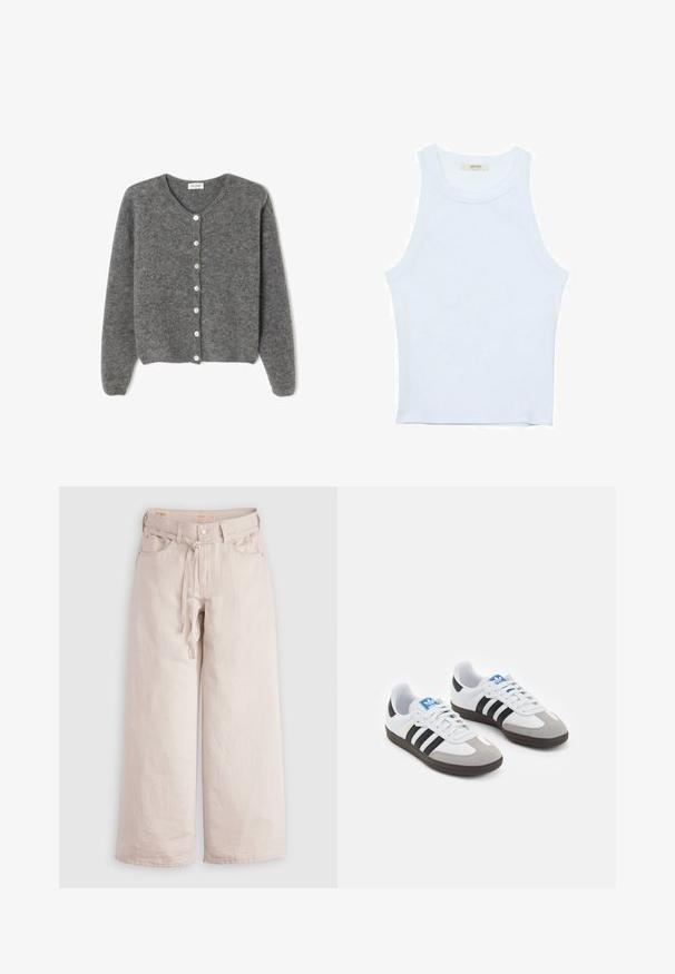 Sivý vlnený kardigán s okrúhlym výstrihom, s vydaním sedem predných gombíkov a jemným, textúrovaným povrchom. Rukávy sú mierne voľné.; Biele tielko, rebrový textúra, okrúhly výstrih, bezrukávový dizajn, priliehavý strih, diskrétne logo na štítku vo vnútri oblasti goliera.; Svetlo béžové široké nohavice vyrobené z denimu, s gombíkovým zapínaním, pútkami na opasok a prednými vreckami. Hladká textúra s pohodlným strihom.; Športové topánky s bielym koženým zvrškom, šedou semišovou špičkou a tromi čiernymi pruhmi. Obsahujú modré logo na jazyku a štruktúrovanú gumovú podrážku.