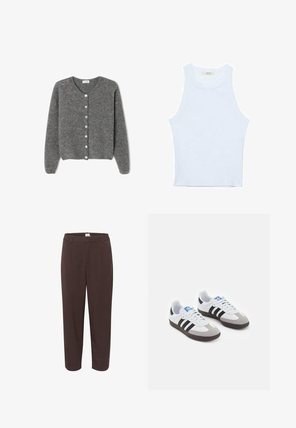Grau gestrickte Wolle-Cardigan mit rundem Ausschnitt, ausgestattet mit sieben Vorderknöpfen und einer weichen, strukturierten Oberfläche. Die Ärmel sind leicht weit.; Weißes Tanktop, gerippte Textur, runder Ausschnitt, ärmelloses Design, enganliegende Form, dezente Markenkennzeichnung im Etikett im Kragenbereich.; Braune Hosen in einem maßgeschneiderten Design, mit einem Bund, vorderen Falten und geradem Bein. Glatte Textur und minimale Details.; Sportschuhe mit einem Obermaterial aus weißem Leder, grauer Wildleder-Zehenkappe und drei schwarzen Streifen. Sie verfügen über ein blaues Logo auf der Zunge und eine strukturierte Gummisohle.