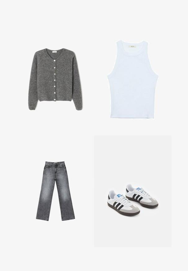 Sivkasta volnenega kardigana z okroglim izrezom, ki ima sedem sprednjih gumbov in mehak, teksturiran zaključek. Rokavi so nekoliko ohlapni.; Bela majica bez rukavov, rebrasta tekstura, okrugli izrez, kroj koji prati tijelo, suptilno brendiranje na etiketi unutar ovratnika.; Široke temno sive jeans hlače iz denima s izrabljenim videzom, petimi žepi, gumbom za zapiranje in diskretnimi šivi ob šivih.; Športni čevlji z belim usnjenim zgornjim delom, sivim semišem na prstih in tremi črnimi črtami. Imajo modro logo na jeziku in teksturiran gumijast podplat.