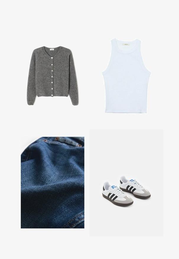 Harmaa villaneule, jossa on pyöreä kaula-aukko, seitsemällä etunapilla ja pehmeällä, teksturoidulla pinnalla. Hihat ovat hieman löysät.; Valkoinen hihaton toppi, ribbed rakenne, pyöreä pääntie, hihaton malli, tiukka muoto, hillitty brändäys kauluksella sisäpuolella.; Denim-kangas tummansinisessä sävyssä, jossa on sileä pinta, hienovaraisia kudontavariaatioita ja erottuvia ompeluyksityiskohtia.; Urheilukengät, joissa on valkoinen nahkainen päällinen, harmaa mokkanokka ja kolme mustaa raitaa. Ominaisuuksina sininen logo kielekkeessä ja kuvioitu kumipohja.