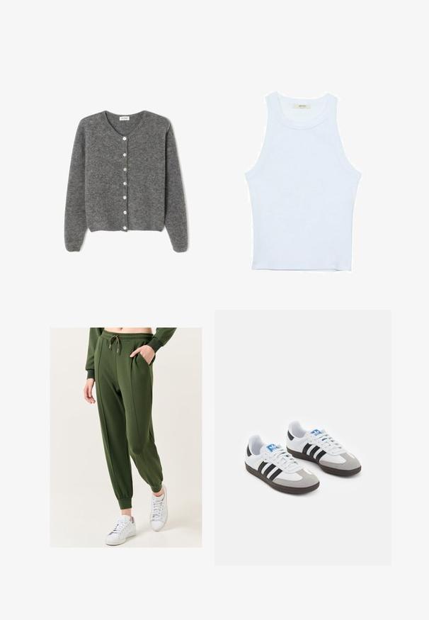 Grijze wollen cardigan met een ronde halslijn, voorzien van zeven knopen aan de voorkant en een zachte, gestructureerde afwerking. De mouwen zijn iets los.; Witte tanktop, geribbelde textuur, ronde halslijn, mouwloos ontwerp, aansluitende vorm, subtiele branding op het label binnenin de kraag.; Groene, relaxte joggers met een tailleband met trekkoord, zijzakken en toelopende enkels, gecombineerd met witte sneakers. Glad, zacht stoftextuur.; Sportschoenen met een witte leren bovenkant, grijze suède neus en drie zwarte strepen. Bevat een blauw logo op de tong en een gestructureerde rubberen zool.