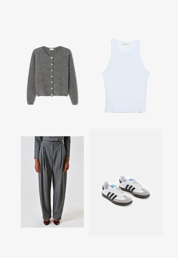 Grau gestrickte Wolle-Cardigan mit rundem Ausschnitt, ausgestattet mit sieben Vorderknöpfen und einer weichen, strukturierten Oberfläche. Die Ärmel sind leicht weit.; Weißes Tanktop, gerippte Textur, runder Ausschnitt, ärmelloses Design, enganliegende Form, dezente Markenkennzeichnung im Etikett im Kragenbereich.; Graue maßgeschneiderte Hosen mit Falten, gefertigt aus einem strukturierten Stoff. Merkmale sind eine hohe Taille und ein weit geschnittener Beinschnitt, kombiniert mit burgunderfarbenen Schuhen.; Sportschuhe mit einem Obermaterial aus weißem Leder, grauer Wildleder-Zehenkappe und drei schwarzen Streifen. Sie verfügen über ein blaues Logo auf der Zunge und eine strukturierte Gummisohle.